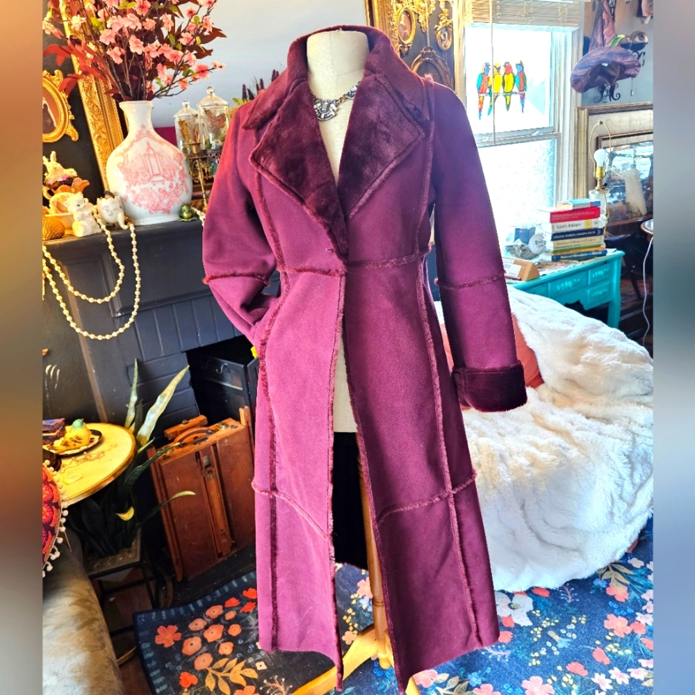 Long burgundy velour, trench coat. Size M